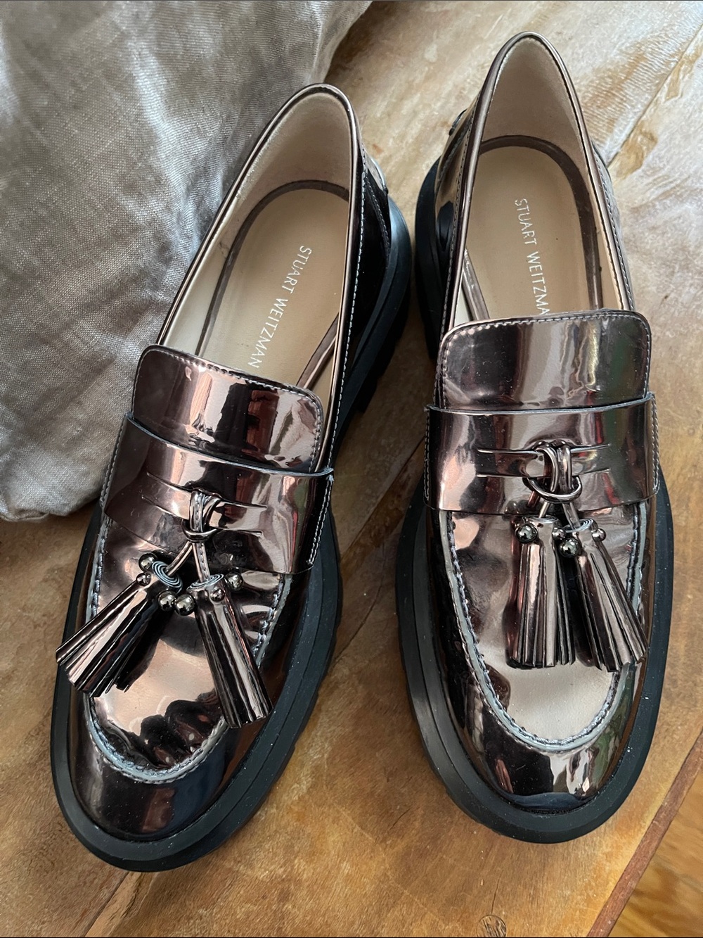 Stuart Weitzman Metallic Rose Gold/Bronze Tassel Loafers